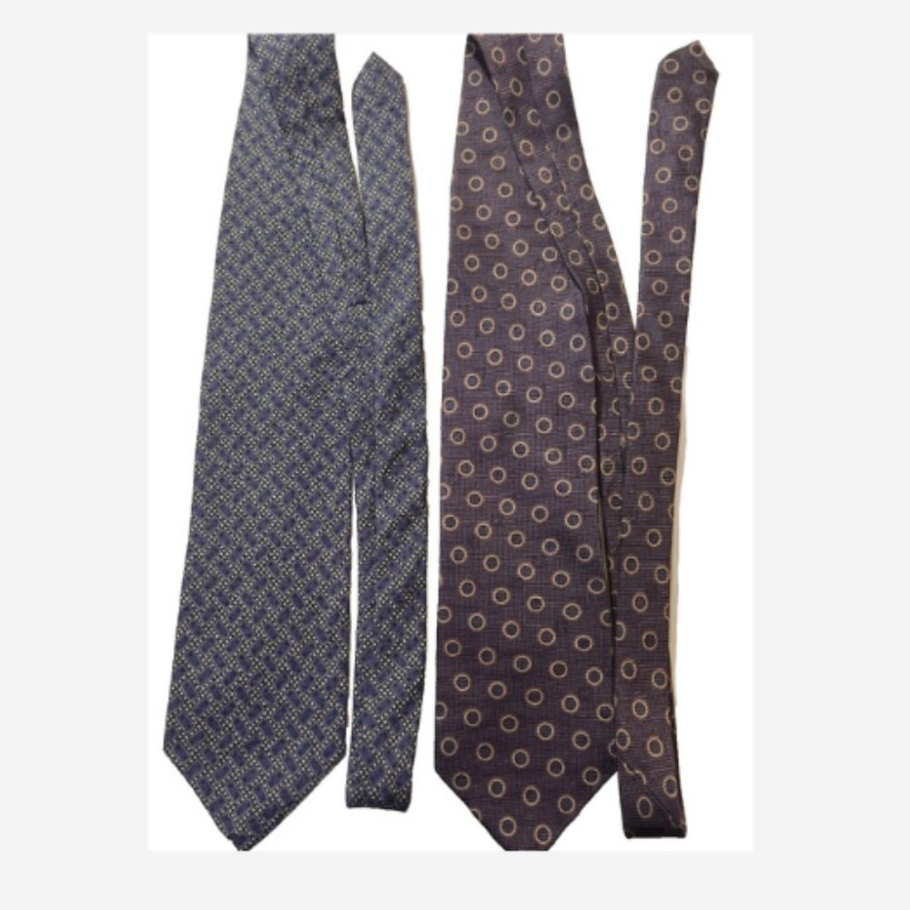 2 Calvin Klein Men Ties Classic Cut Brown/Yellow Circles Blue/Gray Squares Silk